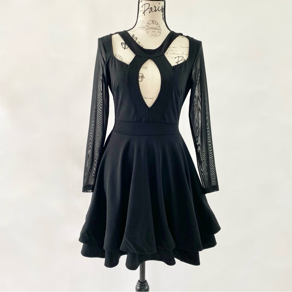 Rare Little Black Dress Sheer Mesh Sleeve Two Layer Hem Cut Out Low Back Small